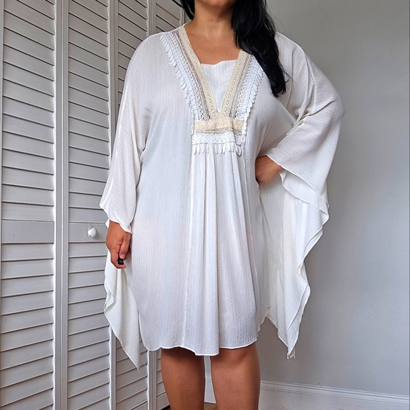 Beaded Ivory Kaftan Coverup Tunic Dress Women's OS Beach Summer Resort Boho Chic - Picture 1 of 9